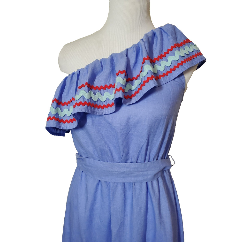 J. CREW Womens XXS One Shoulder Dress Blue Tiered Midi Linen Cotton Ric‎ Rac - Picture 3 of 9